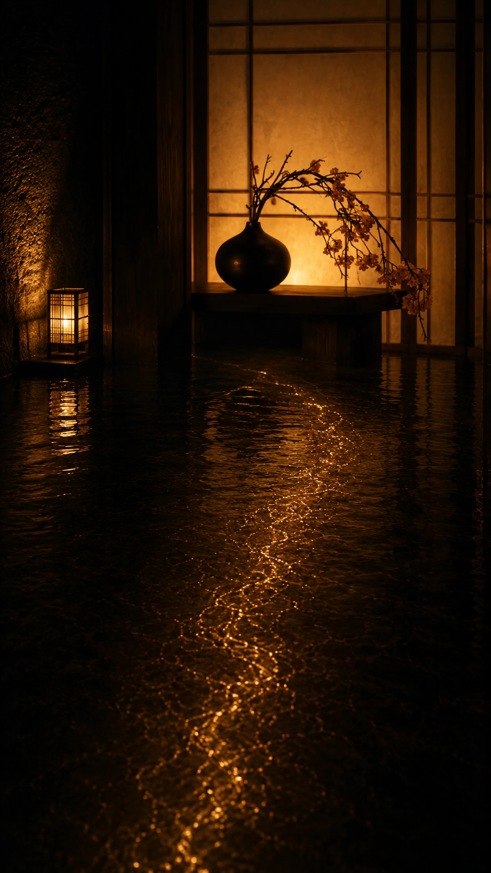 水面に映る行灯と、活けられた花枝